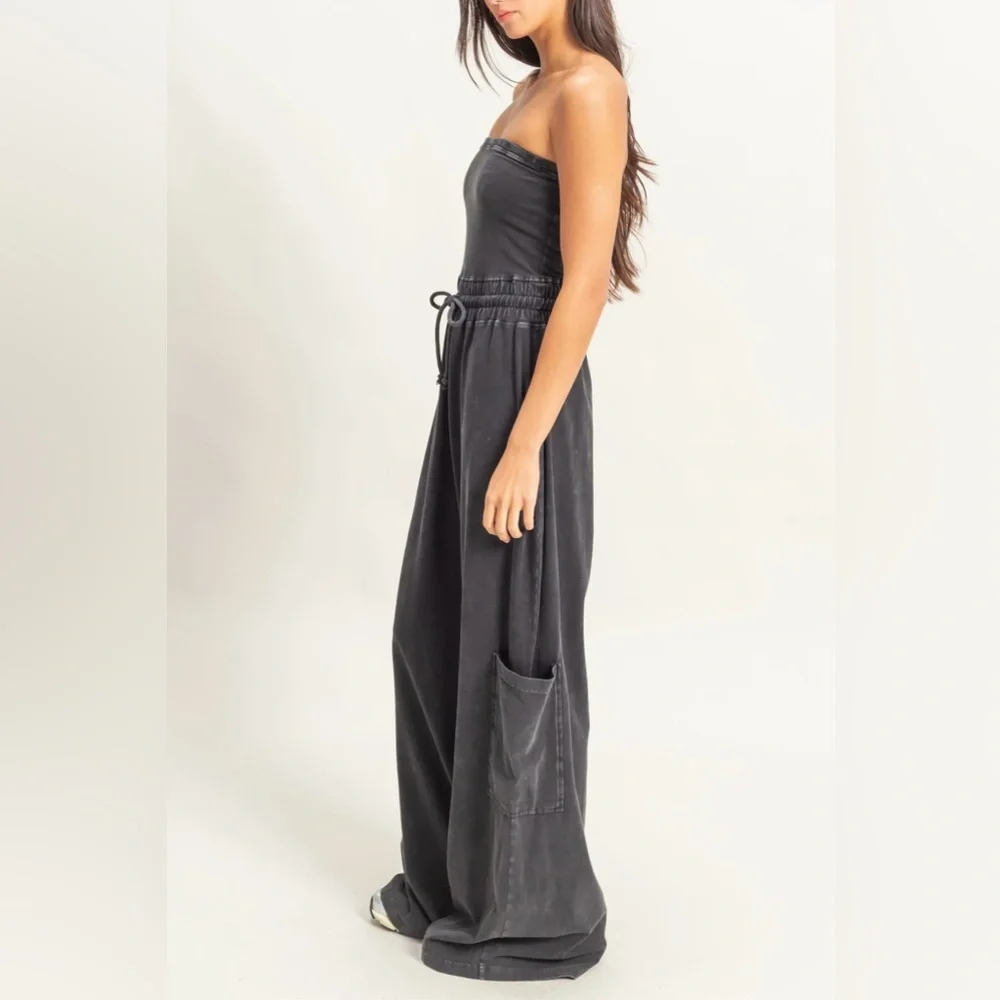 NWT Washed Cotton Tube Top Strapless Drawstring Cargo Pocket Wide Leg Jumpsuit - Picture 3 of 6